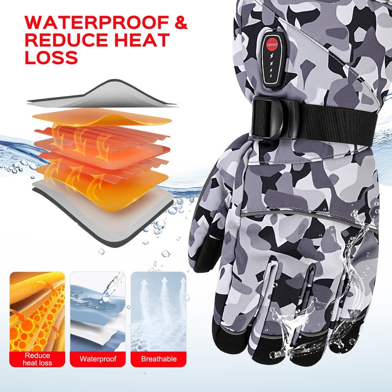 Acroutro Heated Gloves for Men&Women, 5-Temp Settings Camouflage Rechargeable with 7.4V 6400mAh Rechargeable Battery, Waterproof Touchscreen Winter Gloves for Skiing,Motorcycle, Work, Hunting（L）