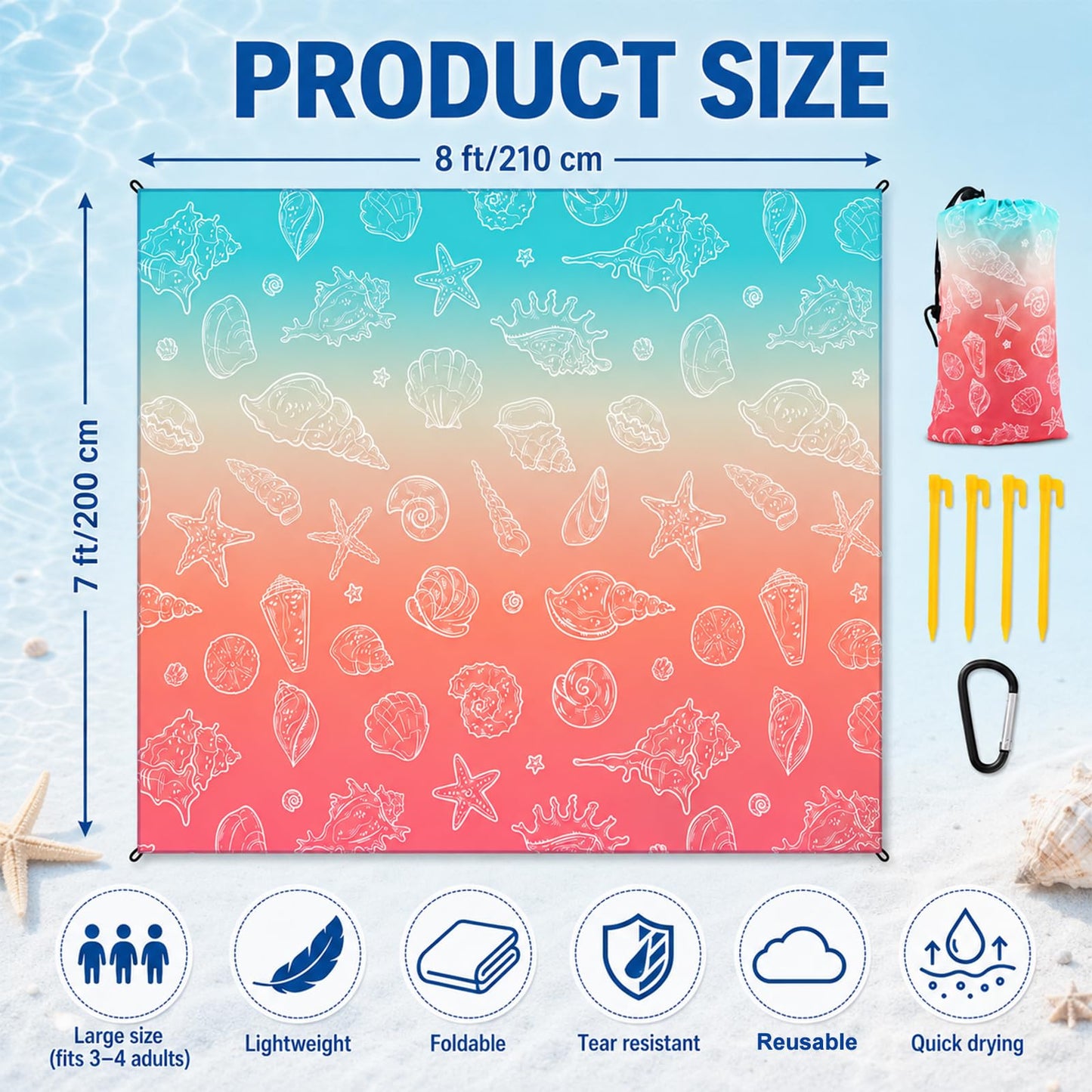 Beach Blanket Waterproof Sandproof 8 X 7 Ft Beach Mat 3–4 Adults Extra Large Outdoor Picnic Mat with Stakes & Travel Bag Foldable Beaches Essentials for Summer Outdoor Picnic Camp (Seashell Starfish)