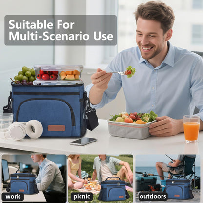 ExtraCharm Insulated Lunch Bag for Women/Men - Reusable Lunch Box for Office Picnic Hiking Beach - Leakproof Cooler Tote Bag Organizer with Adjustable Shoulder Strap for Adults - Blue