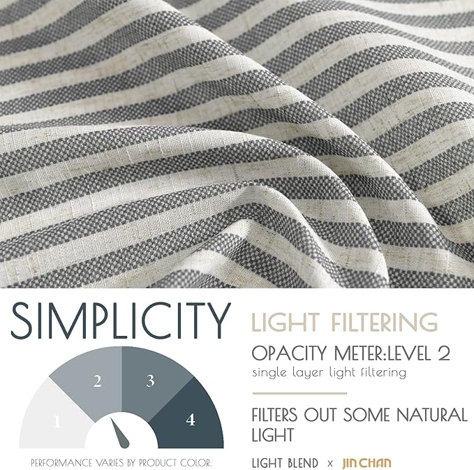 JINCHAN Tie Top Linen Kitchen Curtains 36 Inch Striped Tier Curtains Farmhouse Modern Cafe Style Small Window Treatments Airy Light Filtering Rod Pocket for Living Room Bathroom 2 Panels Charcoal Grey