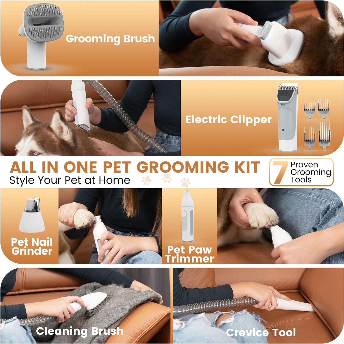 Dog Grooming Vacuum and Kit, Clipper Nail Trimmer Grinder, 2.5L Dust Cup 7 Grooming Tools 11000Pa Pet Vacuum for Shedding Grooming, Dog Hair Vacuum, Home Cleaning, PG50 Plus