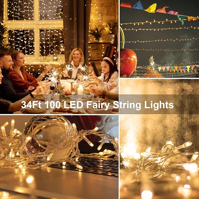 echosari String Lights Battery Powered, 33Ft 100 LED Fairy Lights Warm White Outdoor Christmas String Lights with Remote Dimmable Timer 8 Modes for Wedding Party Garden Decoration