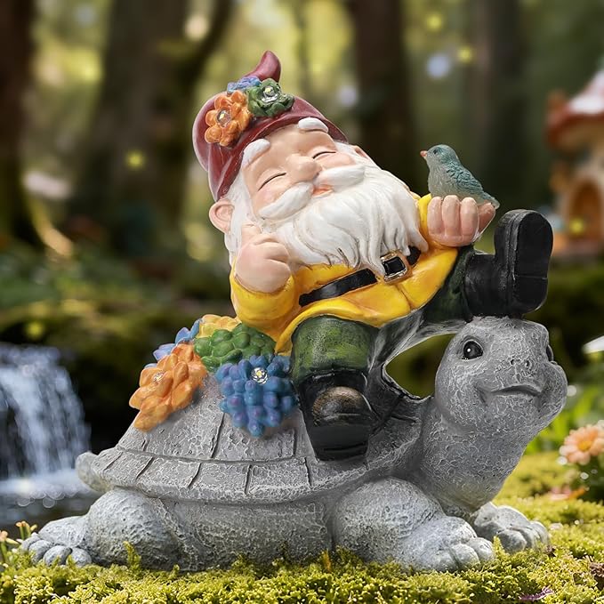 Solar Gnome on Turtle Statue Light, Weatherproof Resin Garden Decor Auto On/Off - Whimsical Night Glow for Fairy Garden,Yard