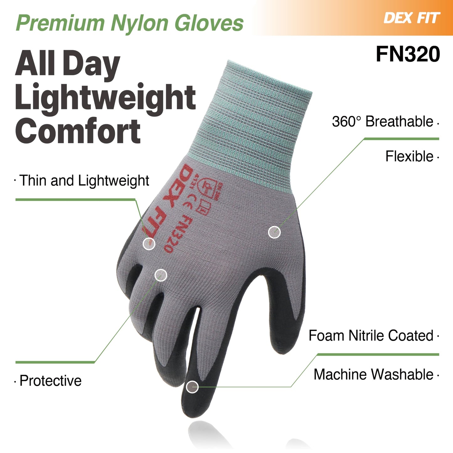 DEX FIT Nitrile Work Gloves FN320, 3D Comfort Stretch Fit, Power Grip, Durable Foam Coated, Thin & Lightweight Premium Nylon, Machine Washable, Grey 9 (L) 3 Pairs