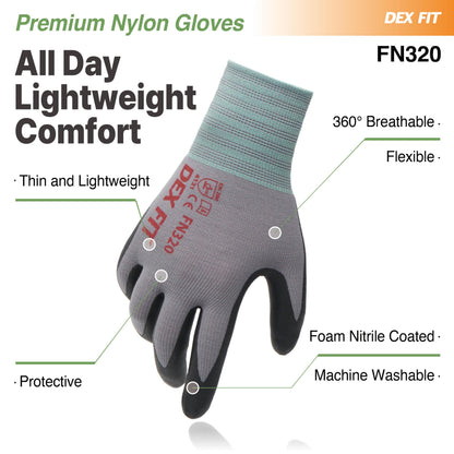 DEX FIT Nitrile Work Gloves FN320, 3D Comfort Stretch Fit, Power Grip, Durable Foam Coated, Thin & Lightweight Premium Nylon, Machine Washable, Grey 9 (L) 3 Pairs