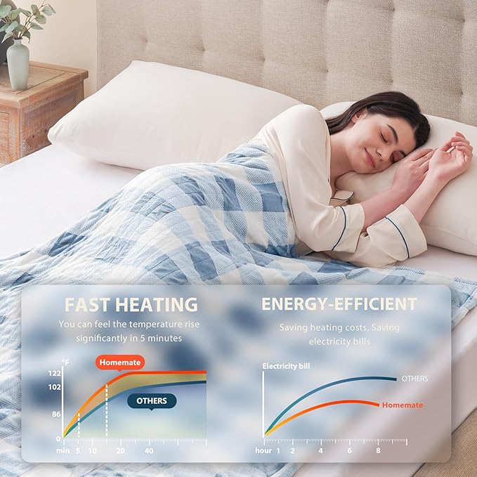 Homemate Electric Blanket Heated King Size - 100“x90“ Ultra Soft Cozy Flannel Heating Blanket with 10 Fast Heat Levels 8 Hours Auto Off Over-Heated Protection ETL Certification Keep Warm in Home