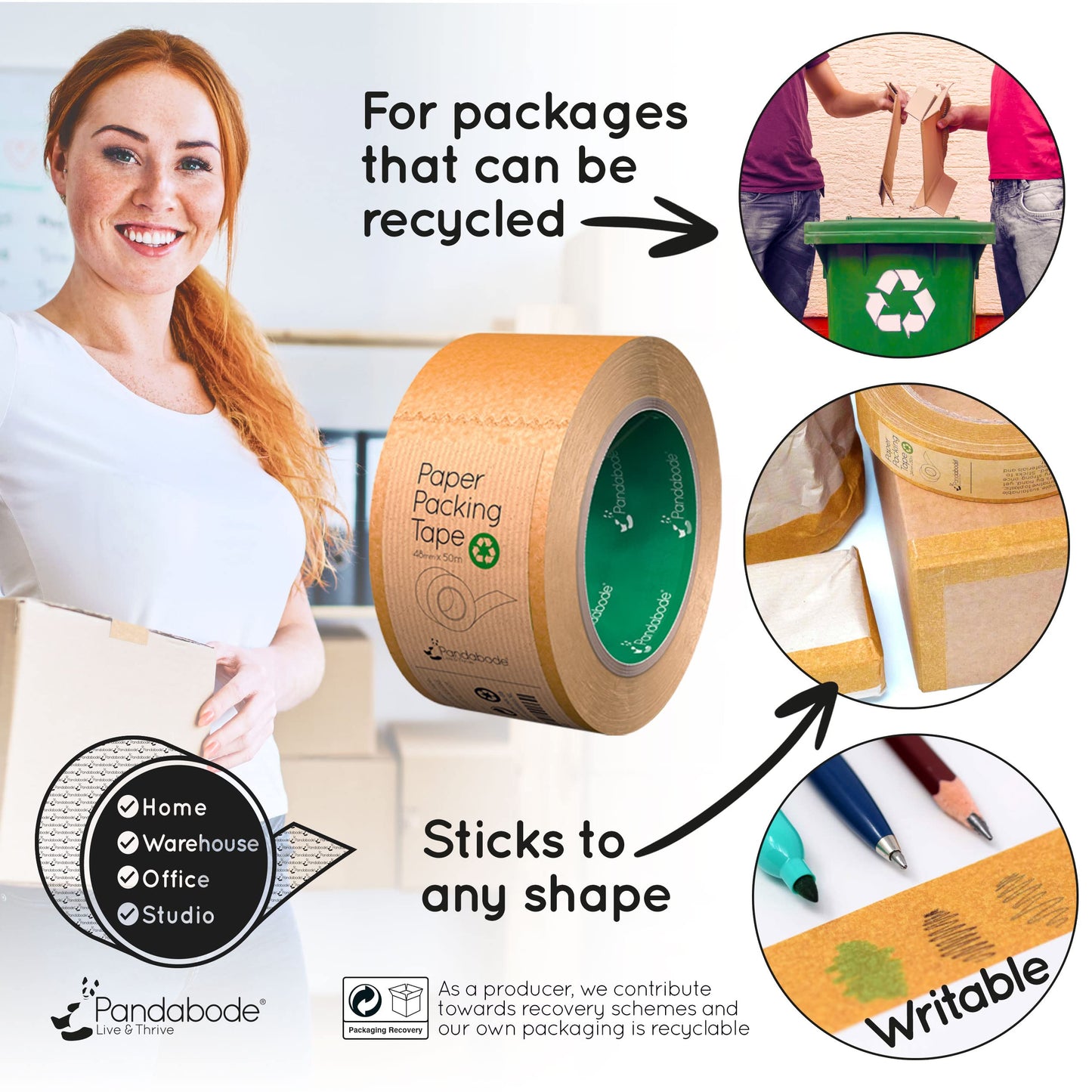 Pandabode Kraft Paper Packing Tape 48mm x 50m | Brown Paper Tape for Strong Parcel Packaging | 1/3/6/12 Pack | Recyclable & Eco Friendly (3)