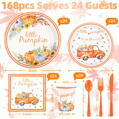 Gudvilla 168 Pcs Little Pumpkin Plates and Napkins, Fall Baby Shower Plates and Napkins Sets Serves 24, Little Pumpkin Baby Shower Decorations Boy, Orange Blue Autumn Farm Thanksgiving