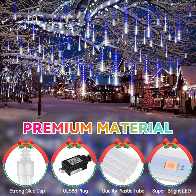 KNONEW 2Pack Total 48 Tube Meteor Shower Lights,15 in 672 LEDs Christmas Lights Outdoor Waterproof Plug in Falling Rain Light for Xmas Tree Wedding Party Garden Decorations (Blue and Cool White)