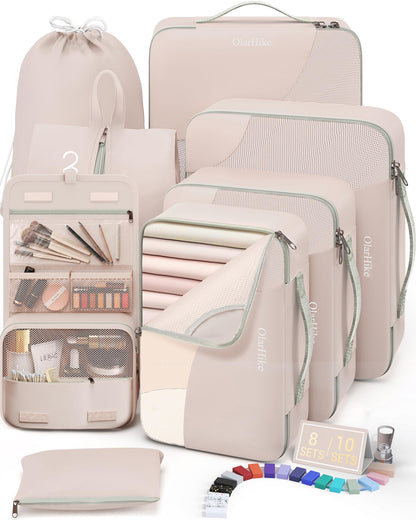 10 Set/8 Set Packing Cubes for Travel, Gifts for Women Mom,Anti-Tearing Suitcase Organizer for Luggage with Shoe & Hanging Toiletry Bag,OlarHike Vacation Essentials & Accessories for Cruise Ship,Cream