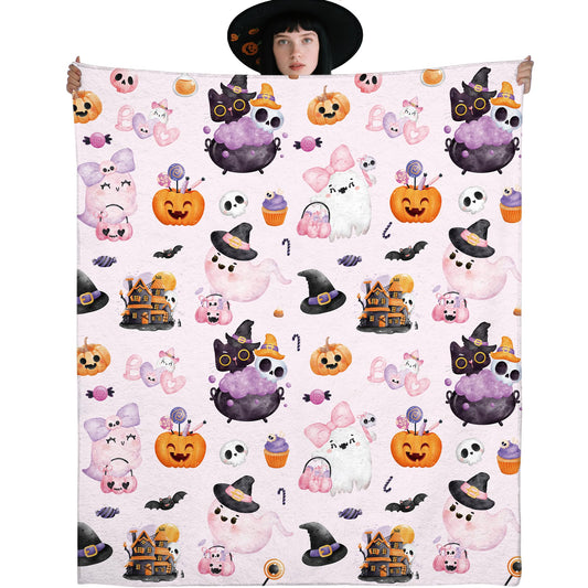 Halloween Throw Blanket Gifts, Pink Pastel Cute Ghost Pumpkin Witch Hat Soft Cozy Comfy 50 x 60 Flannel Blanket, Gift for Girls Kids Friends or Halloween Lovers