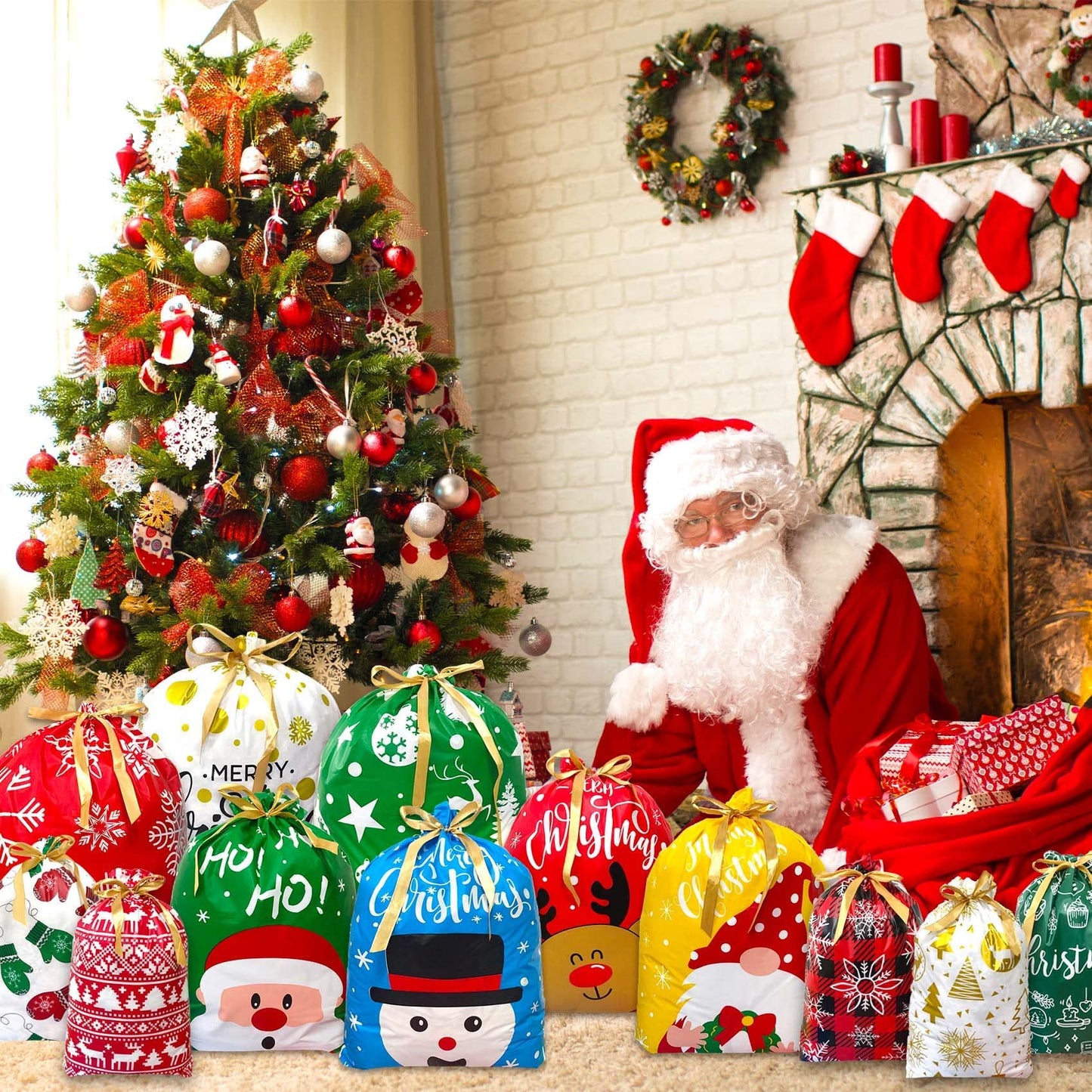 Joy Bang 21PCS Christmas Gift Bags Assorted Sizes, Large Drawstring Gift Bags for Presents, Xmas Santa Snowmen Reindeer Christmas Wrapping Bag, Treat Goody Candy Gift Bag, Party Supplies Favors