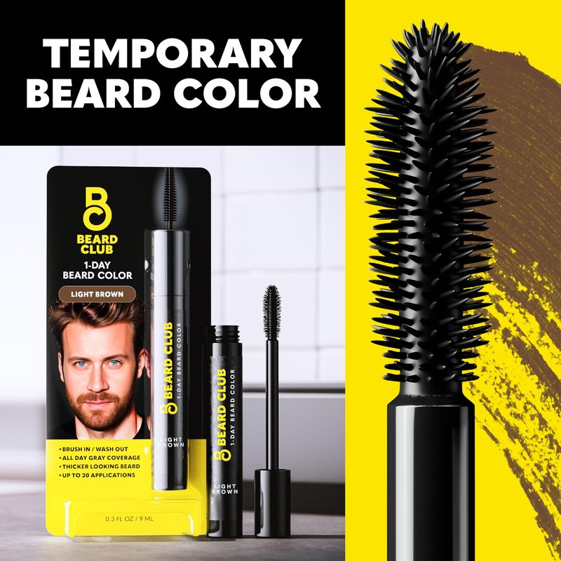 The Beard Club 1 Day Temporary Beard Dye for Men - Light Brown Beard, Mustache & Eyebrow Color for a Fuller, Well-Defined Look, Water & Sweat Resistant, Up to 30 Applications, 0.3 fl oz