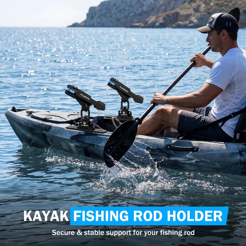 PLUSINNO Kayak Fishing Rod Holder with Tracks, 2 in 1 Fishing Rod Holders for Boat, Kayak Accessories, Fishing Pole Holders for Track Mount / Deck Mount with Fishing Rod Protective Strap, Kayak Rail
