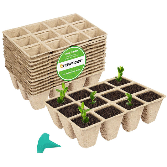 GROWNEER 144 Cells Peat Pots Seed Starter Trays, 12 Packs Biodegradable Seedling Pots Germination Trays, Organic Plant Starter Kit with 15 Pcs Plant Labels