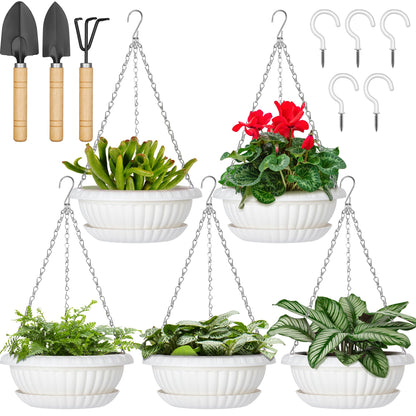 Hanging Planters, 5 Pcs 11" Hanging Pots, White Hanging Flower Pots, Hanging Plant Pots Baskets for Plants with Drainage Trays, Hanging Chains and Ceiling Hooks, Come with Free Garden Tools Set
