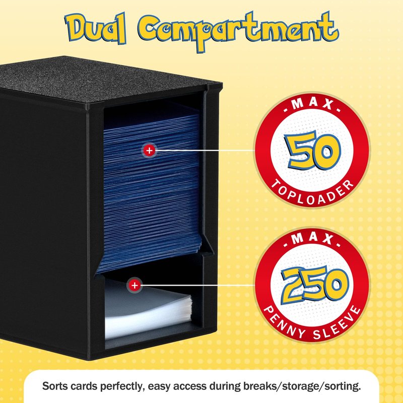 XSHINOVA Toploader Dispenser & Penny Sleeve Holder - Dual Compartment Holds 250 Penny Sleeves & up to 50 Top Loaders, Stackable Card Storage Box with Dustproof Lid (Black)
