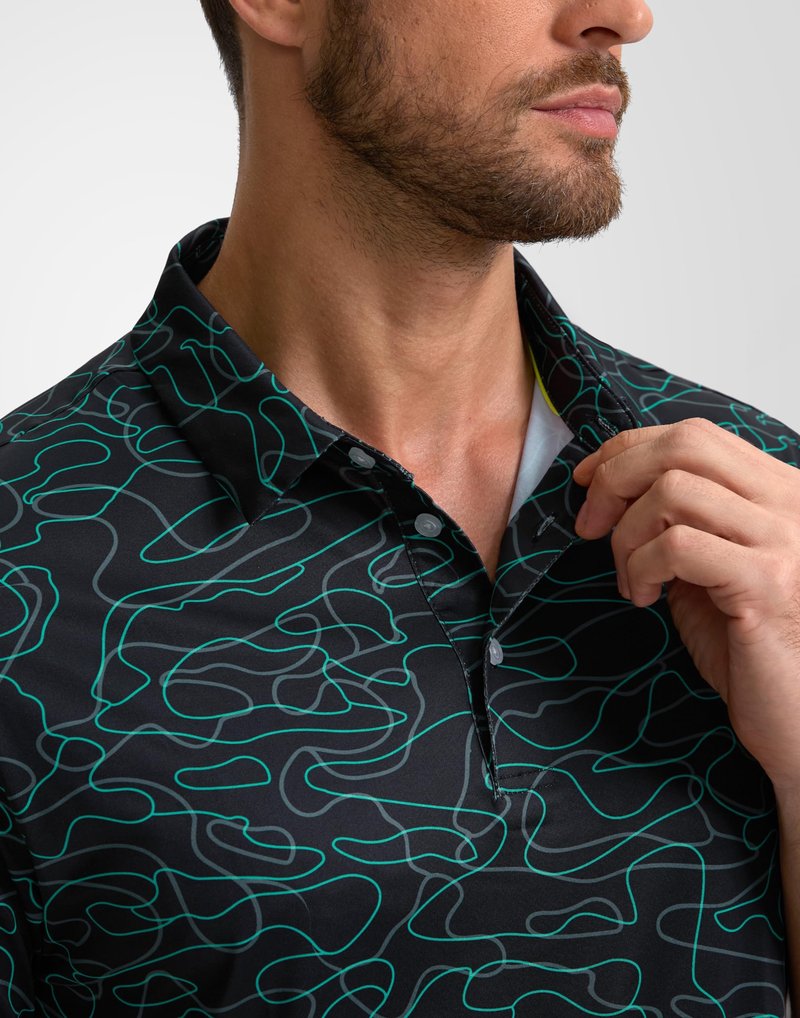 Obla Mens Golf Polo Shirts Short Sleeve Dry Fit Performance Moisture Wicking Casual Print Collared Golf Shirts for Men(Black Curve_S)