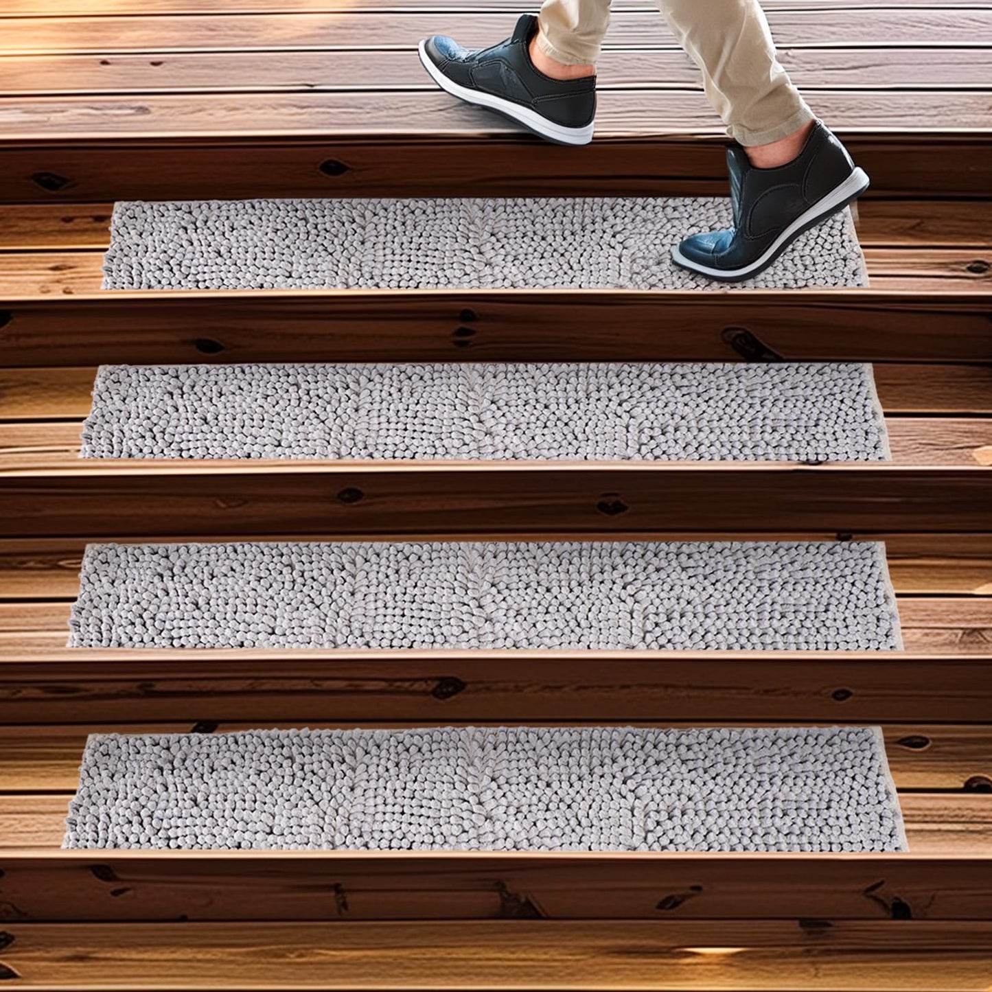 Muddy Mat® Pack of 4 - Soft Chenille Stair Treads Non-Slip Reusable, Super Absorbent Stair Treads for Wooden Steps, Tile & Marble Floor, Easy to Install & Machine Washable - Grey 30'' x 7''