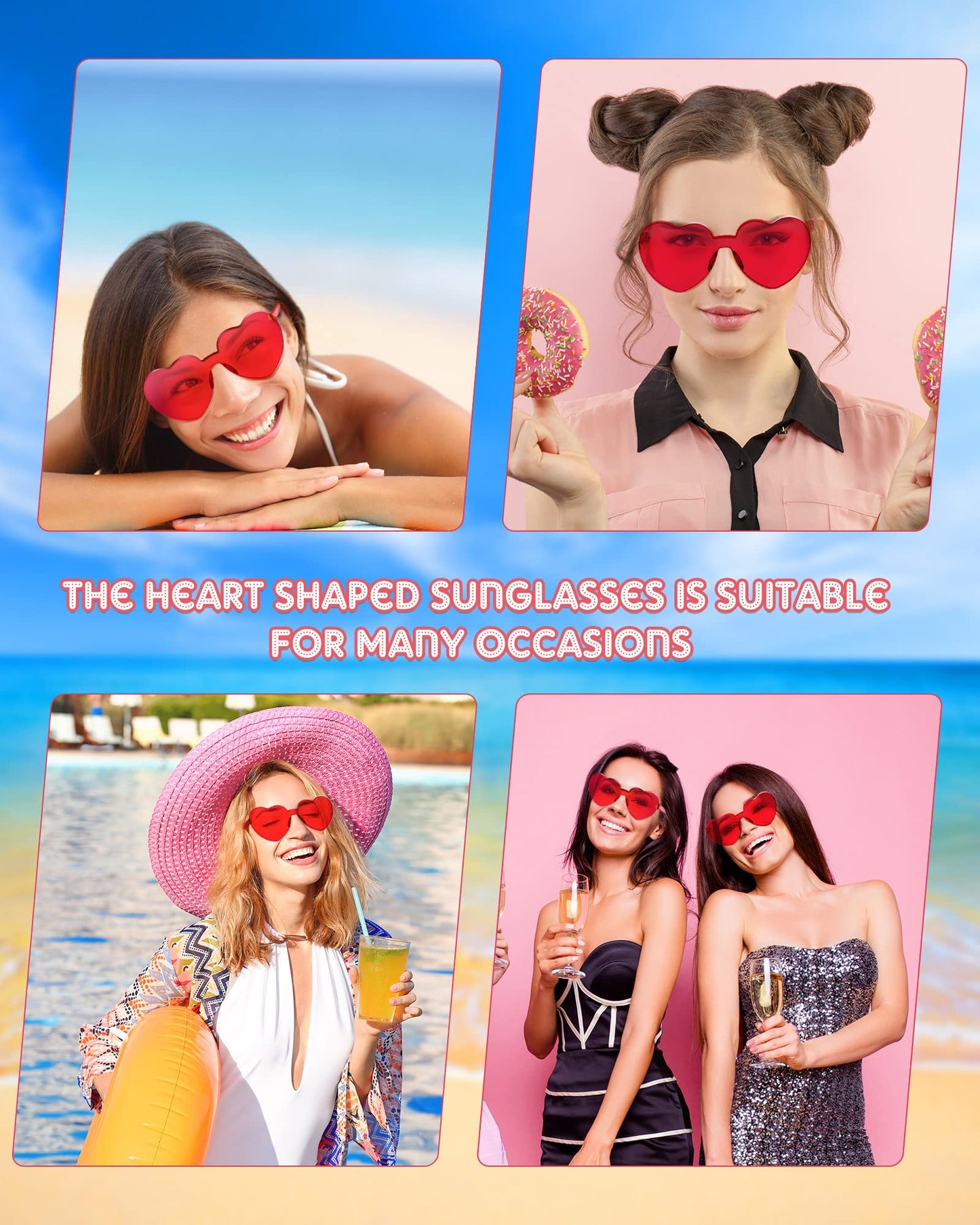 Photect 12 Pair Heart Shaped Sunglasses for Women Neon Color Transparent Heart Glasses Halloween Party Favor(Red)