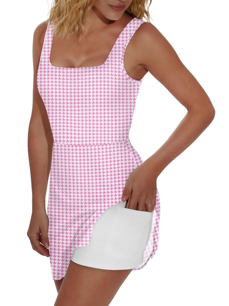 OFEEFAN Womens Athletic Dress Tennis Golf Bodycon Workout Active Skort Summer Clothes Casual Graduation Concert Date Spring Outfits Pink Houndstooth XL