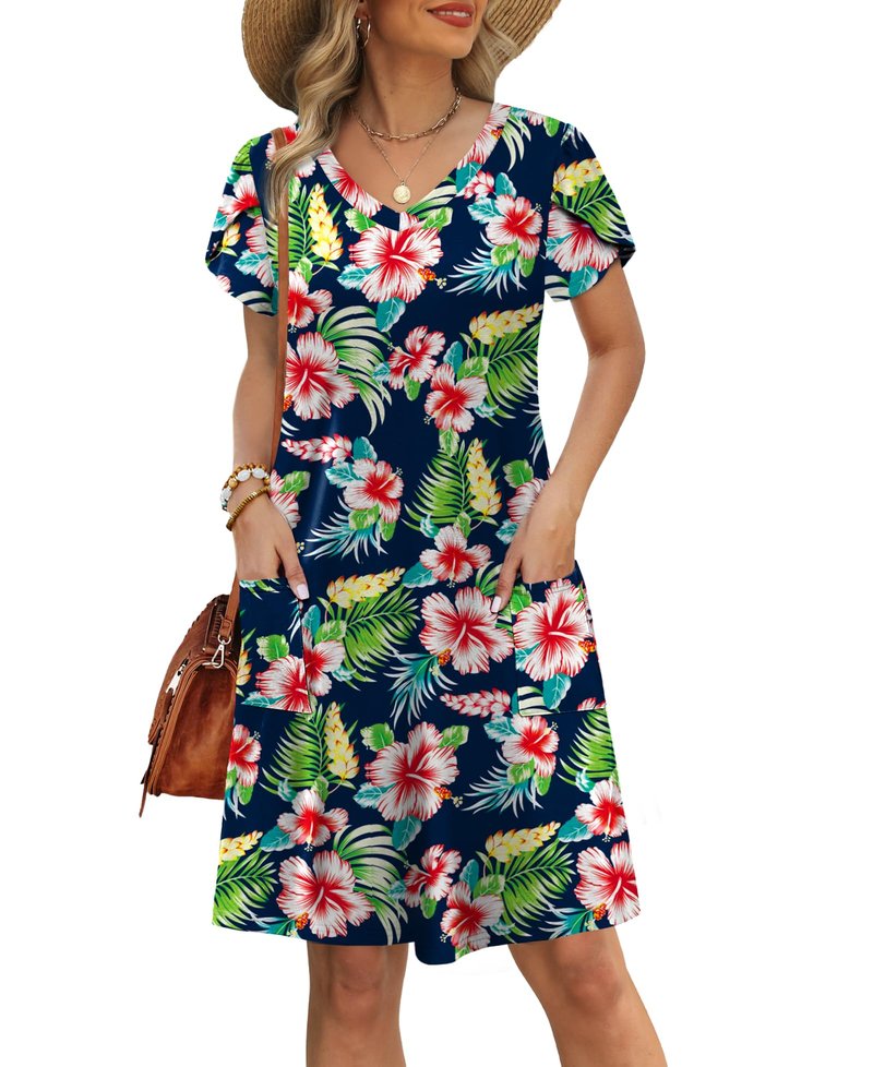 OFEEFAN Hawaiian Dresses for Women Summer Tropical Floral Dress Tshirt Dress Sundresses Beach Vacation Clothes Resort Wear Outfits Print 01 L