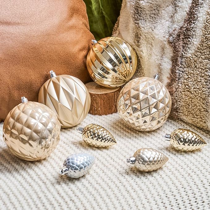 JORNOY Christmas Tree Ornaments, 4inch/100mm Shatterproof Ornaments for Christmas Tree Set - Large Plastic Decorative Hanging Balls Ornaments for Xmas Tree Decorations Party, 12ct (Champagne)