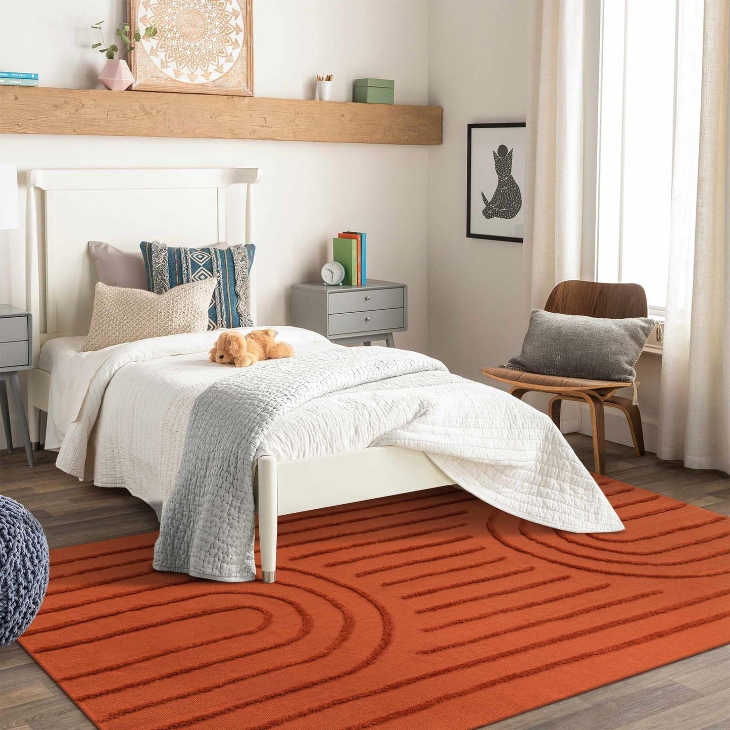 LEEVAN Washable Rugs for Living Room 5x8, Terracotta Tufted Rainbow Nursery Rug, Boho Low Pile Bedroom Floor Carpet, Modern Farmhouse Kids Room Rug for Dorm/Bedside/Classroom/Room
