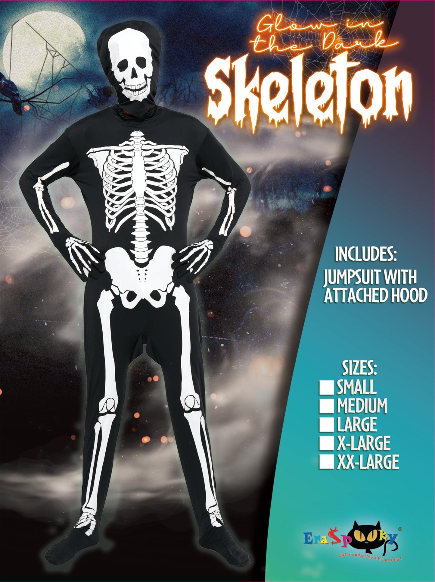 EraSpooky Halloween Men Skeleton Jumpsuit Costume Luminous Skull Skin Full Body Tights Suit (XX-Large)