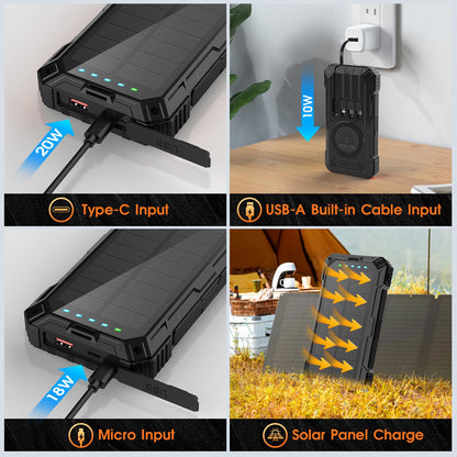 Power Bank Solar Charger,49800mAh Wireless Portable Charger with 4 Built-in Cables,22.5W Fast Charging Battery Pack USB-C in/Output PD+QC3.0 Portable Power Bank for All Cell Phones