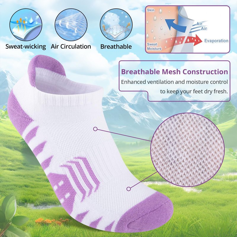 COOPLUS Ankle Socks Womens Athletic Cushioned Anti-Blister Running Cotton Low Cut Socks 6 Pairs