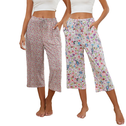 Kabento 2 Pack Womens Pajama Pants Capri Sleep Lounge Pants Drawstring Pj Bottoms with Pockets, Grey & Flowers, Large