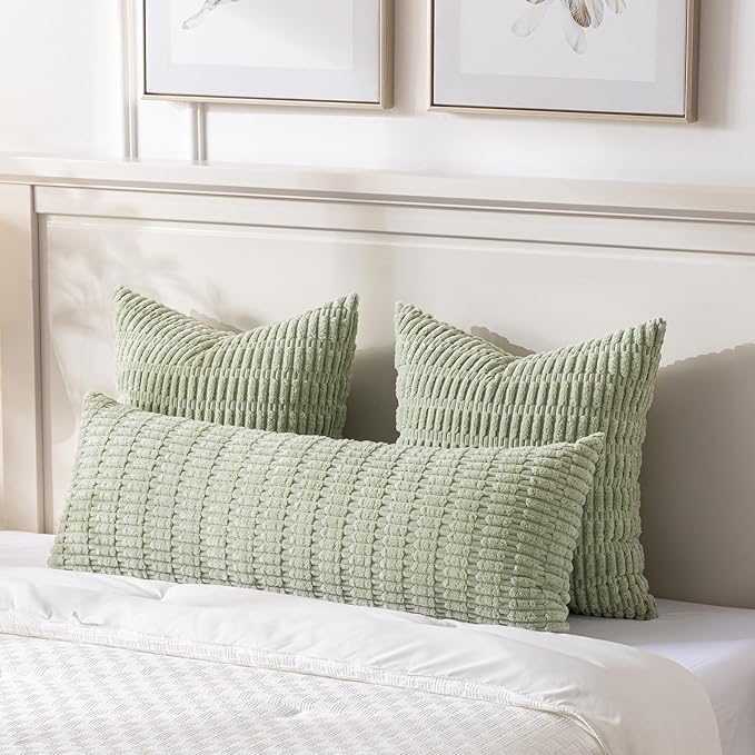 Fancy Homi Sage Green Long Lumbar Decorative Throw Pillow Covers 14x36 Inch for Bed Couch Bedroom, Soft Corduroy Rectangle Solid Cushion Case 35x91 cm, Rustic Farmhouse Boho Room Décor