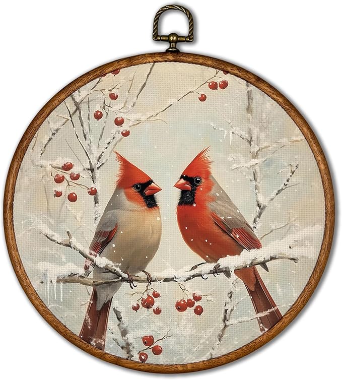 KSDUT Cardinal Wall Decor Art - Memorial Wall Art Canvas Frame Hanging Prints, Vintage Winter Snowy Round Wall Art Decor for Home Farmhouse Bedroom Decorations 10"x10"