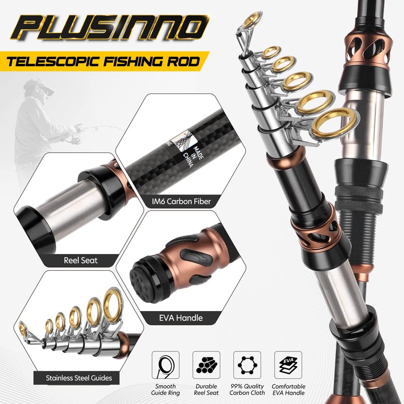 PLUSINNO Fishing Rod and Reel Combos -24 Ton Carbon Fiber Telescopic Fishing Pole - Spinning Reel 12 +1 Shielded Bearings Stainless Steel BB-Free Carrier Bag Case, Travel Saltwater Freshwater Fishing