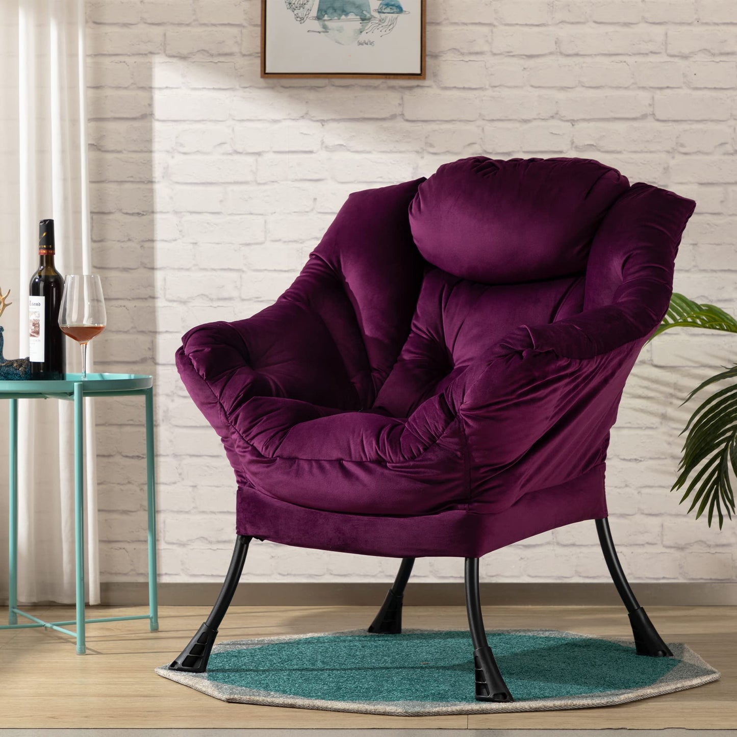 HollyHOME Lazy Chair with Armrest and Side Pocket, Comfy Accent Lounge Chair,Leisure Sofa Armchair for Living Room, Bedroom, Dorm, or Small Spaces, Oversized Reading Sofa Chair,Velvet Deep Purple