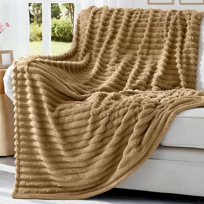 decorUhome Soft Fleece Brown Blanket Queen Size for Bed, Cozy Fluffy Plush Flannel Large Striped Throws for Couch Sofa, Lightweight Decorative Fuzzy Blanket for Woman, 90x90 Inches