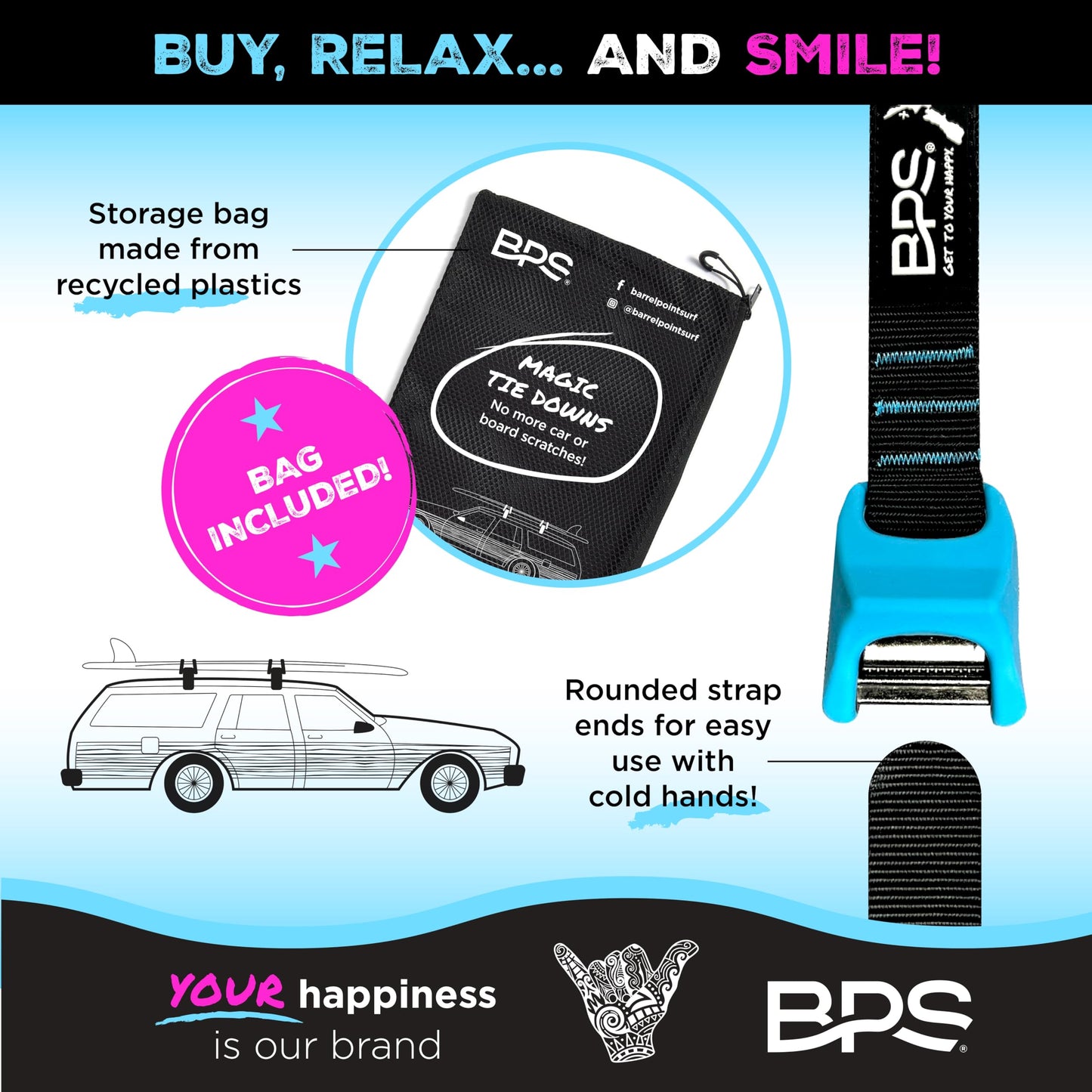 BPS ‘Magic’ Tie Down Straps for Roof Rack - ‘No Scratch’ 15 feet Tie Downs 2-Pack Surfboard Straps Silicone Buckle Cover with Storage Bag Made from Recycled Plastics – SUP Kayak Canoe Paddle Board