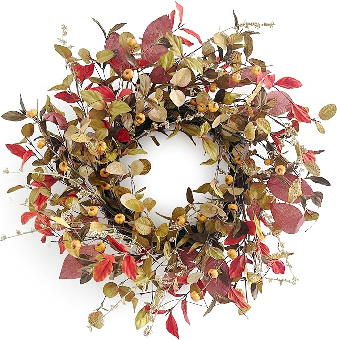 22 Inch Fall Wreath for Front Door Berry Autumn Wreath with Green and Purple Leaves, Large Grapevine Wreaths for Fall Door Decor Farmhouse Wall Window Home Decoration