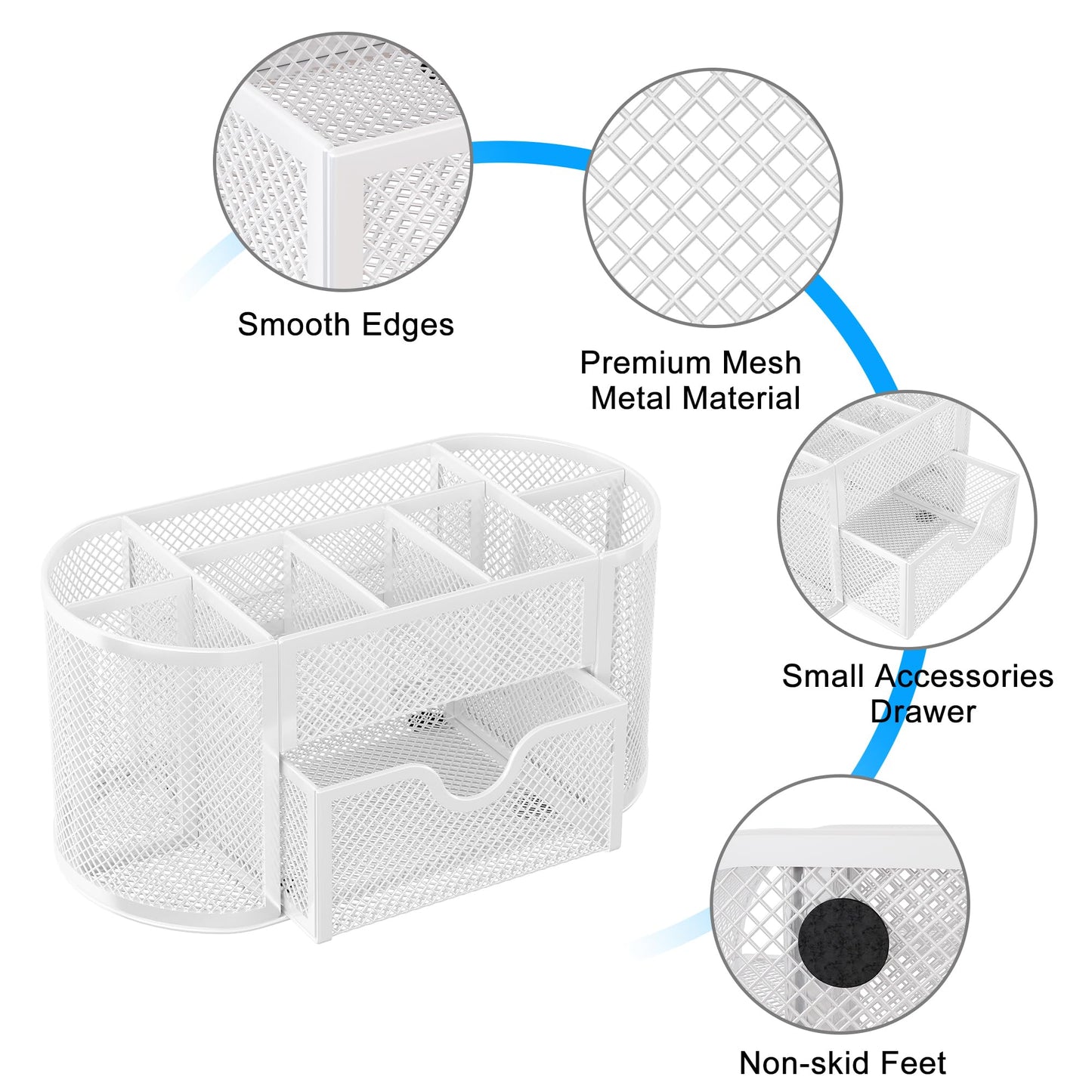 EasyPAG Mesh Desk Organizer, Multi-functional Stationery Organizer for School Supplies, Office Pen Holder for Desk, 9 Compartments Dorm Organization with Drawer, White