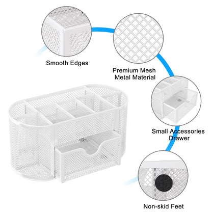 EasyPAG Mesh Desk Organizer, Multi-functional Stationery Organizer for School Supplies, Office Pen Holder for Desk, 9 Compartments Dorm Organization with Drawer, White