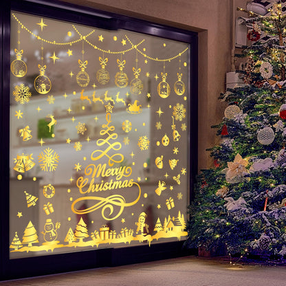 Whaline 9 Sheets Gold Christmas Window Clings Merry Christmas Tree Snowflake Window Decals Reusable Double-Sided Windows Decor for Winter Holiday Home Classroom Office Party Supplies