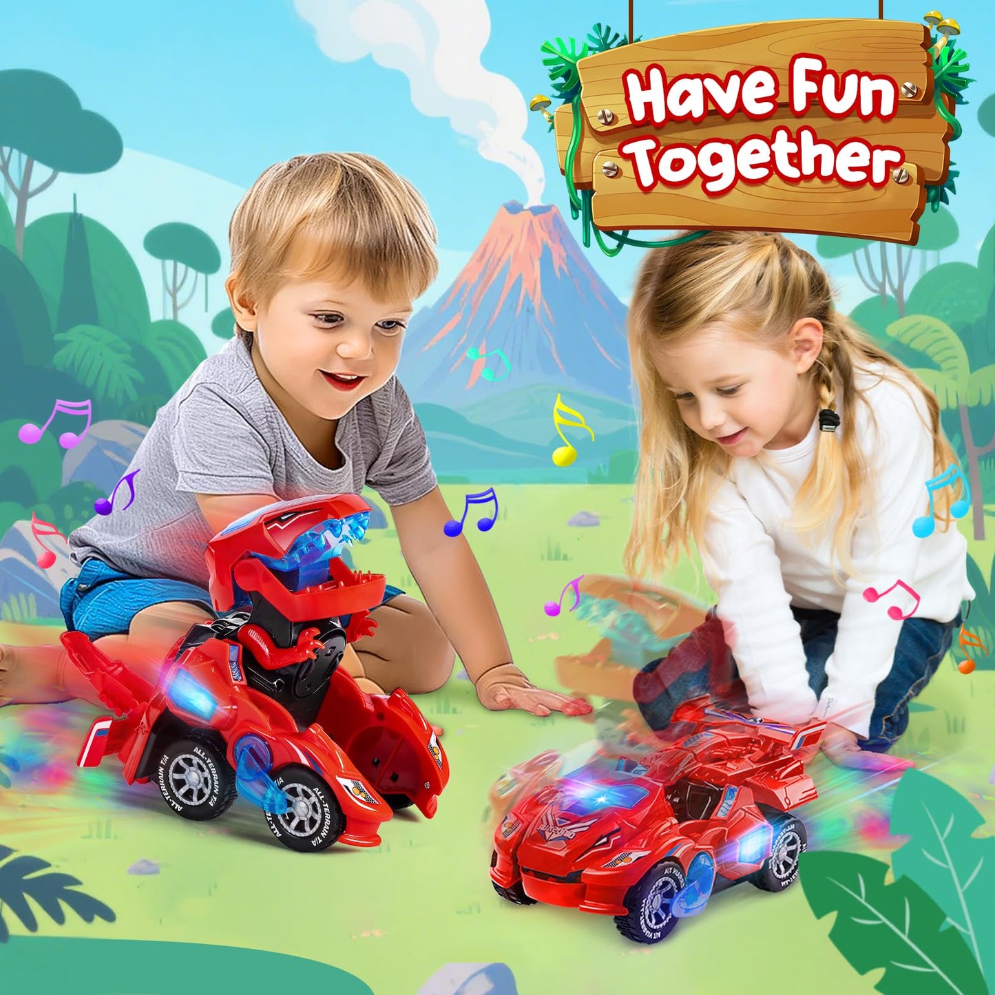 Yellcetoy Dinosaur Transforming Car, Dino Toys with Flashing Lights & Sound for Boys Girls Age 3-7 Automatic Electric Transform Cars Toy Birthday Xmas Gifts for Kids 3 4 5 6 7 Years Red