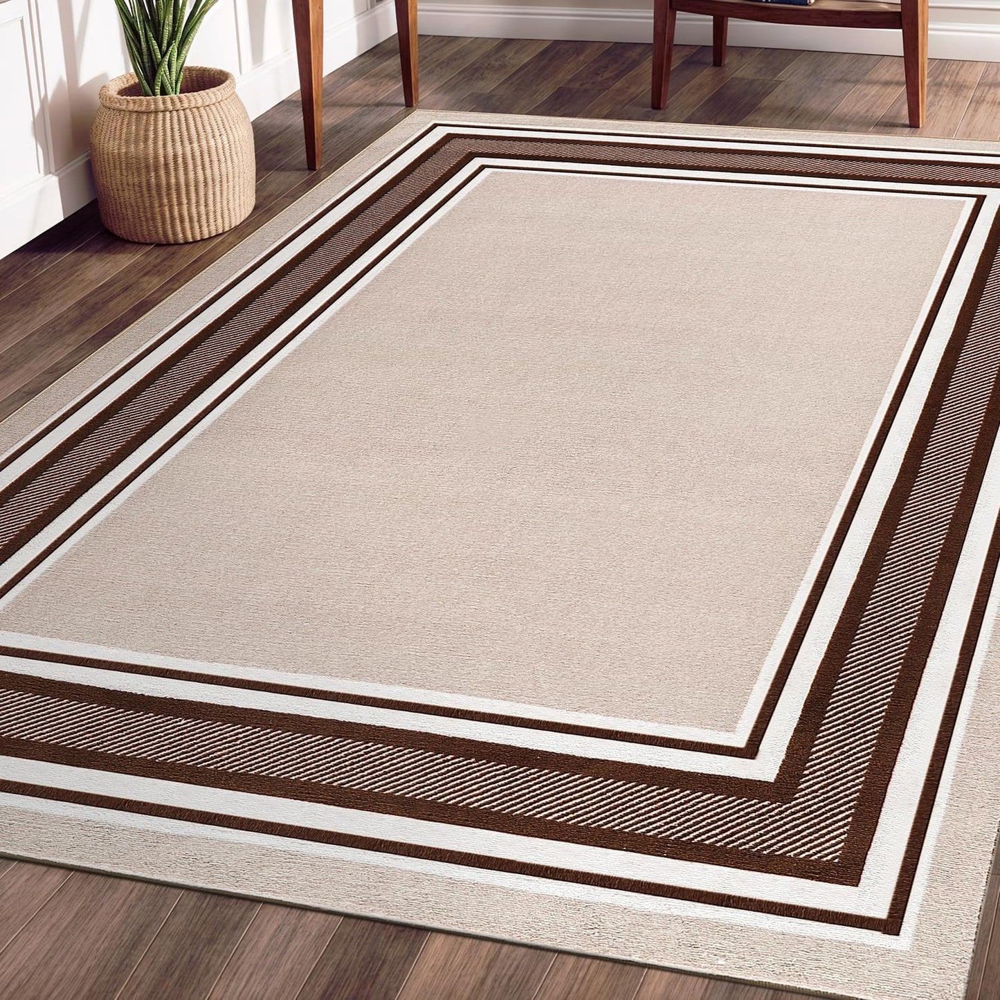 Beverly Rug Non Slip Area Rugs 8x10 Modern Bordered Non Skid Rubber Backing Soft Area Rug for Living Dining Room Easy to Clean Non Shedding Kitchen Bedroom Indoor Carpet 8 x 10 Beige-Brown