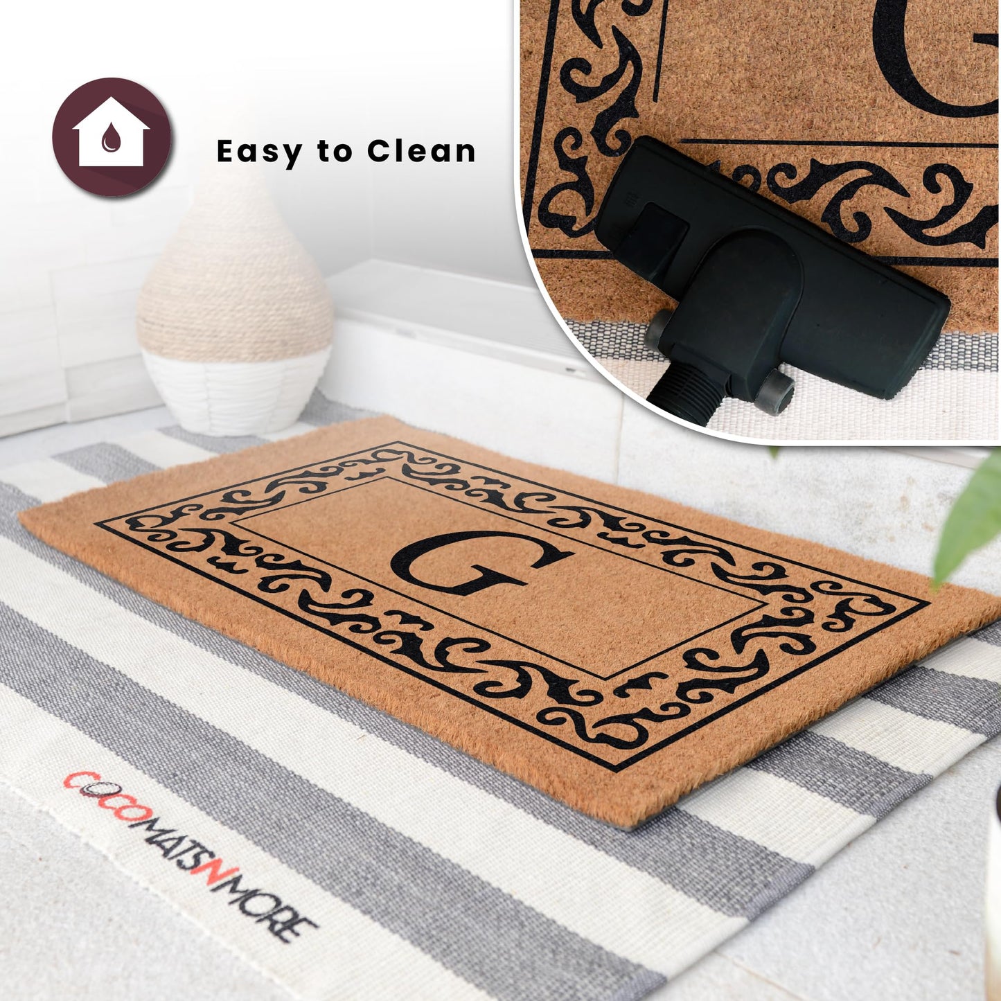 COCO MATS 'N MORE Personalized Coco Coir Front Door Mat – Monogrammed Welcome Porch Mat for Home Entrance, Heavy-Duty Vinyl Backing Non Slip Mat (16" X 24" | Black | Rolling Scrolls | Made in USA)