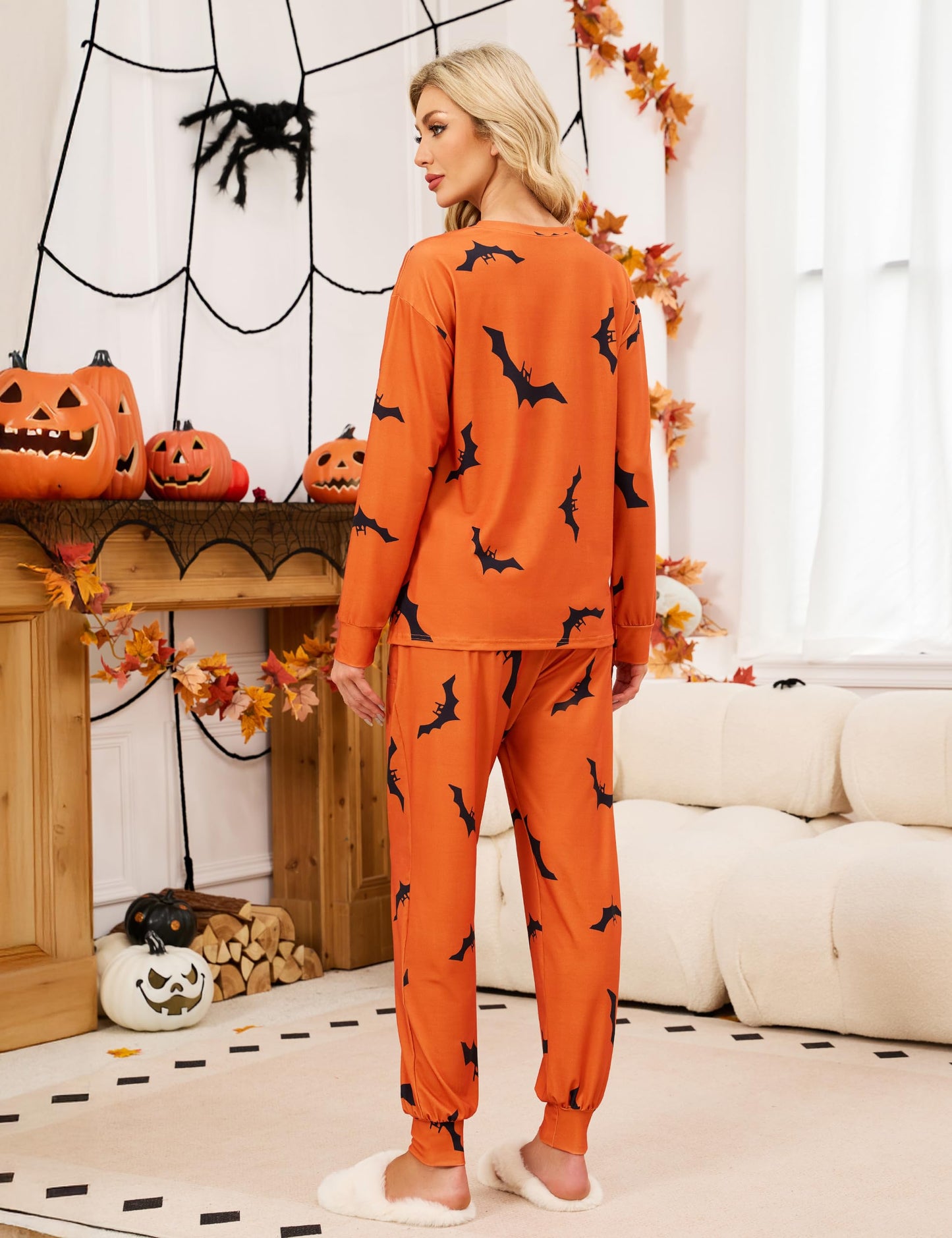 Blooming Jelly Womens Cute Pajama Sets Bat Long Sleeve Halloween Pajamas Lounge Set with Pockets 2025 (XL, Orange)