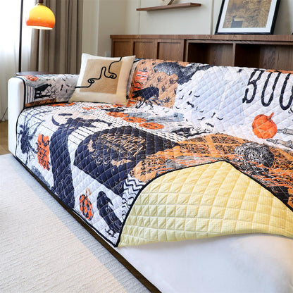 Cmfshape Halloween Skidproof Sofa Cover-Festival Sofa Slipcover with Elastic Straps-Easy Fit Slip Cover-Patchwork Washable Furniture Protector for Pets and Kids(Sofa,Black&Orange)