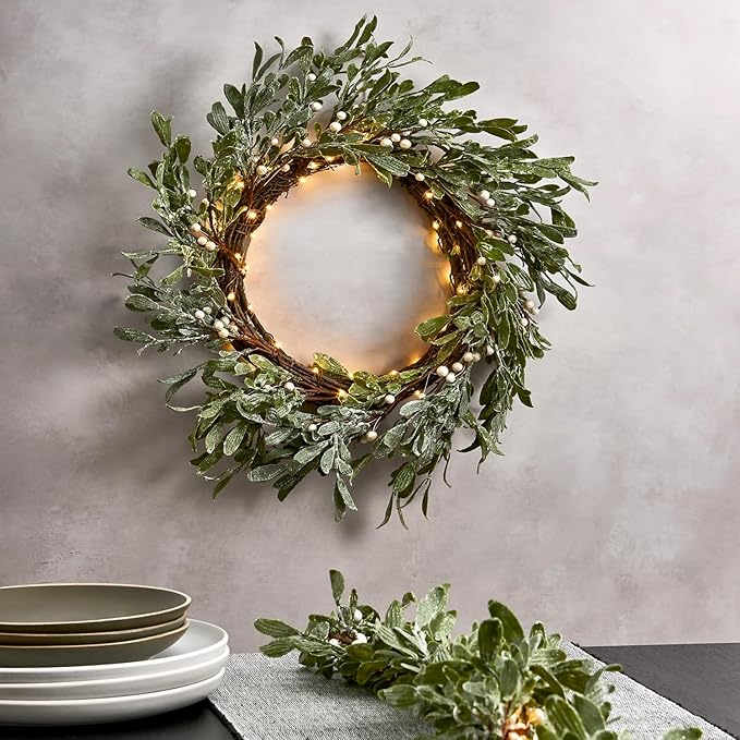 LampLust Winter Wreaths for Front Door Outside, 20 Inch Flocked Wreath with Mistletoe & Pearly White Berries, 75 LED Lights, Battery Powered, Timer, Farmhouse Wreath, Winter Wreaths for Indoors