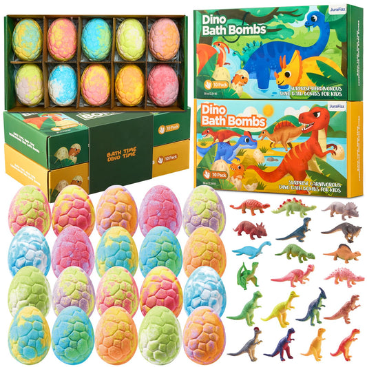 JuraFizz Dinosaur Bath Bombs for Kids with Surprise Inside, 20 Pack Natural Dino Egg Bath Bombs with Exclusive Carnivorous & Herbivorous Dinosaur Toys, Birthday Party Favors for Boys, Girls