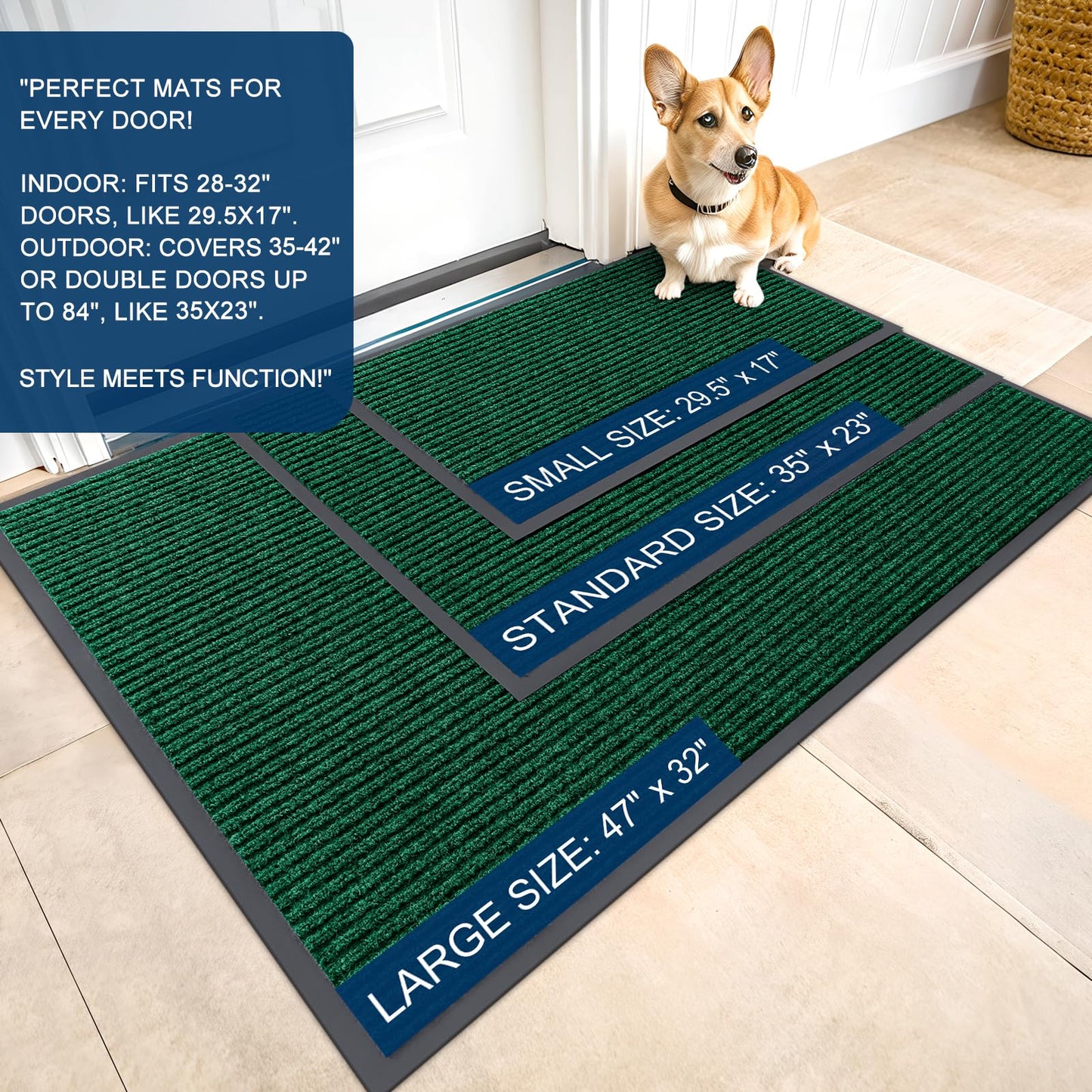 OLANLY Front Door Mat Indoor Outdoor Entrance, Waterproof Heavy Duty Doormat, Fade Resistant, Low Profile, Easy Clean Patio Porch Welcome Floor Mats for Entry, 71x30, Green